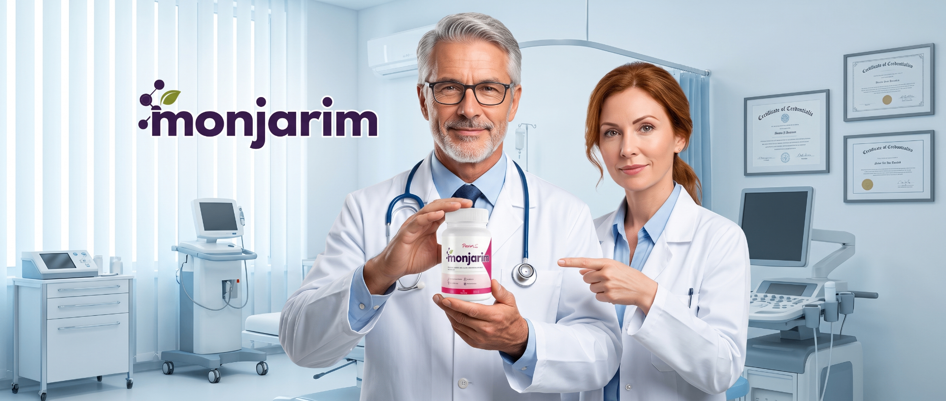 Médicos endossando o suplemento Monjarim em consultório clínico